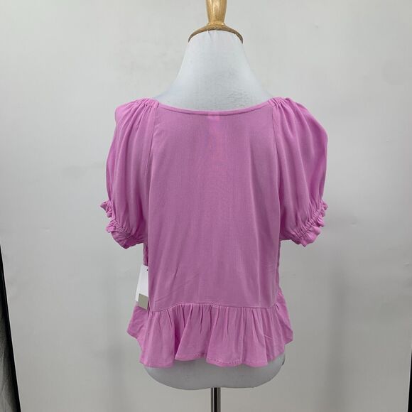 BP Babydoll Shirred Crop Top Womens L Purple Tulip Ruched Puff Sleeve Peplum - Picture 6 of 14